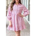 Pink Stripe Ruffled Hem Button-up Collared Shir...