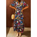 Black Retro Floral Printed Split Neck Maxi Dress