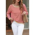 Fiery Red Contrast Trimmed Striped Drop Shoulde...