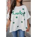 White St Patrick Lucky Clover Sequin Graphic T ...