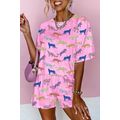 Pink Flower Print Short Sleeve High Waist Two P...