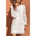 White Lace Crochet Round Neck Puff Sleeve Shift...