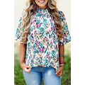 Light Blue Abstract Print Puff Sleeve Mock Neck...