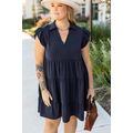 Navy Blue Collared V Neck Flutter Sleeve Tiered...