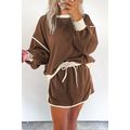 Coffee Color Contrast Loose Pullover and Lace-u...