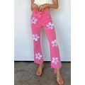 Pink Flower Patterns Raw Hem Flare Jeans