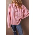 Pink Ribbed Knit Collared Henley Top with Chest...