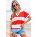 Red Stripe Collar V Neck Cuffed Dolman Short Sl...
