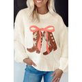 White Embroidered Bow Boots Graphic Drop Should...