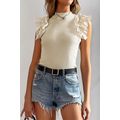 Beige Ruffle Flutter Sleeve High Neck Ribbed Bl...