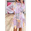 Multicolour Floral Smocked Mock Neck Ruffled Ti...