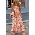 Pink Floral V Neck Smocked High Waist Ruffle He...