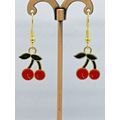 Drop / Dangle Earrings - Enamel Cherries - Gold Plated