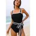 Black Colorblock Edge Belted One Piece Swimsuit