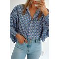 Sky Blue Abstract Print Shirred Cuff Buttoned O...