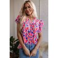 Rose Red Abstract Print Ruffled Sleeve V Neck B...