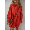 Tomato Red Bishop Sleeve Button Up Pleated Mini...