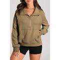 Brown Quarter Zip Stand Neck Kangaroo Pocket Sw...