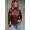 Coffee Sheer Mesh Patterned Lettuce Trim Slim L...
