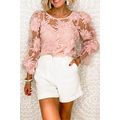 Pink Flower Dotted Ruffled Sleeve Mesh Top