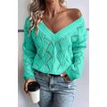 Mint Green Hollow Out Knit V Neck Drop Shoulder...
