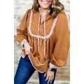 Straw Yellow Split Neck Pleated Floral Trim Lon...