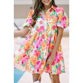Pink Floral Puff Sleeve Collar Buttoned Babydol...