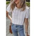 White Pointelle Knit Short Puff Sleeve Crewneck...
