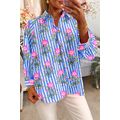Blue Striped Floral Print Buttoned Cuffs Loose ...