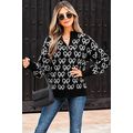 Black Cute Bow Pattern Drop Shoulder Zipped Col...
