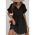 Black Folded Short Sleeve Lace V Neck Mini Dress