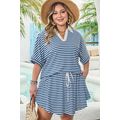Blue Stripe Short Sleeve Collared V Neck Top Pl...