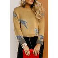 Camel Fuzzy Cheetah Accent Round Neck Sweater