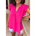 Rose Red Notched Neck Ruffle Sleeve Blouse