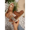 Gold Braided Dual Band PU Leather Wedge Slippers