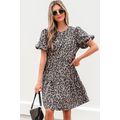 Brown Denim Leopard Printed Short Puff Sleeve M...