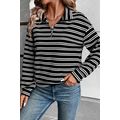 Black Stripe Textured Quarter Zip Collar Long S...