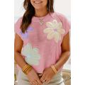 Pink Multi Crochet Flower Knit Short Sleeve Swe...