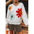 White Big Flower Pattern V Neck Drop Shoulder S...
