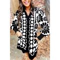 Black Polka Dot Floral Printed V Neck Long Slee...
