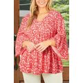 Red Plus Size Floral V Neck Flared Bracelet Sle...