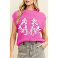 Bright Pink Western Horse Embroidered Round Nec...