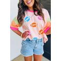 Pink Rugby Chenille Embroidered Color Block Hal...