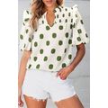 Apricot Polka Dot Print Shirred Yoke Notched Ne...