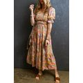 Yellow Smocked Bodice High Waist Puff Sleeve Fl...