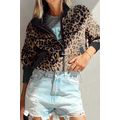 Khaki Leopard Print Zip Up Stand Neck Side Pock...