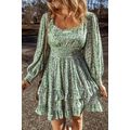 Green Floral Print Square Neck Shirred Waist Ti...