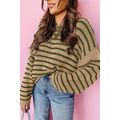 Khaki Stripe Drop Shoulder Casual Sweater