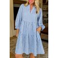 Sky Blue Stripe Bracelet Sleeve Tiered Shift Dr...