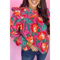 Rose Floral Print Pleated Ruffled O Neck Plus S...